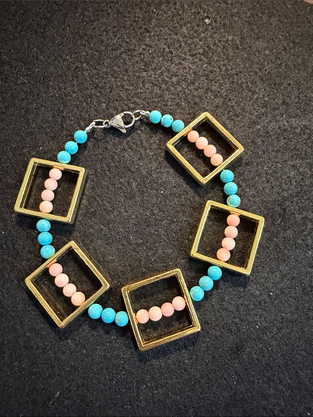 Handcrafted Turquoise & Pink Beaded Square Bracelet